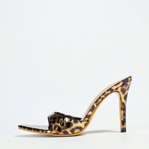 metallic Women's High Heel Leopard Print Gold Mule Shoes - Picture 4 of 7